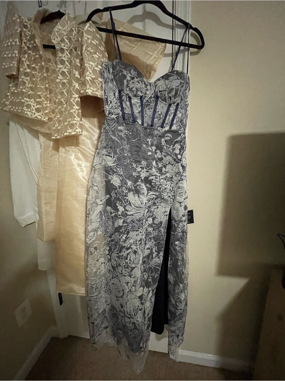 Lulus Classical Charisma Navy Blue and White Floral Bustier Maxi Dress